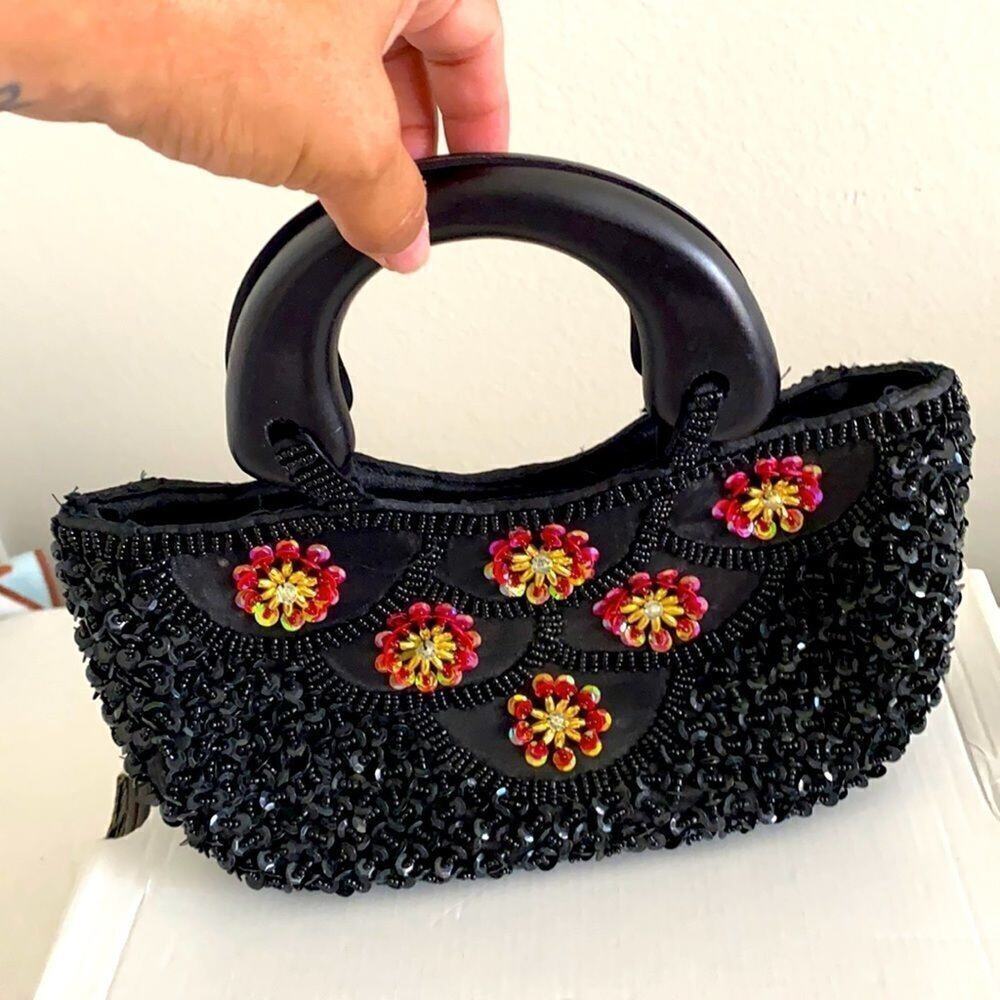 Vintage Beaded Floral Sequins with a Wood Handle Bag Beautiful